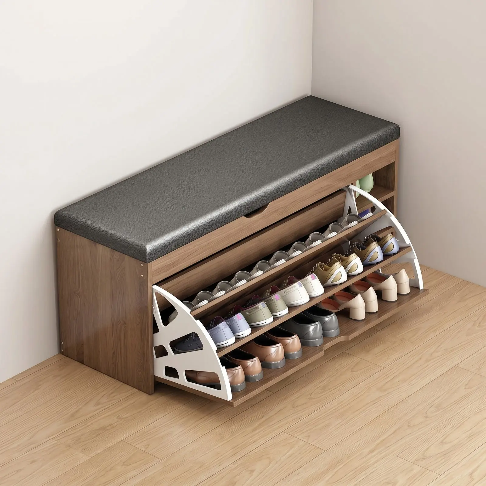 Walnut Shoe Storage Bench with Charcoal Leather Seat, Pull-Out Fan-Door Shoe Rack and One Open Top Niche