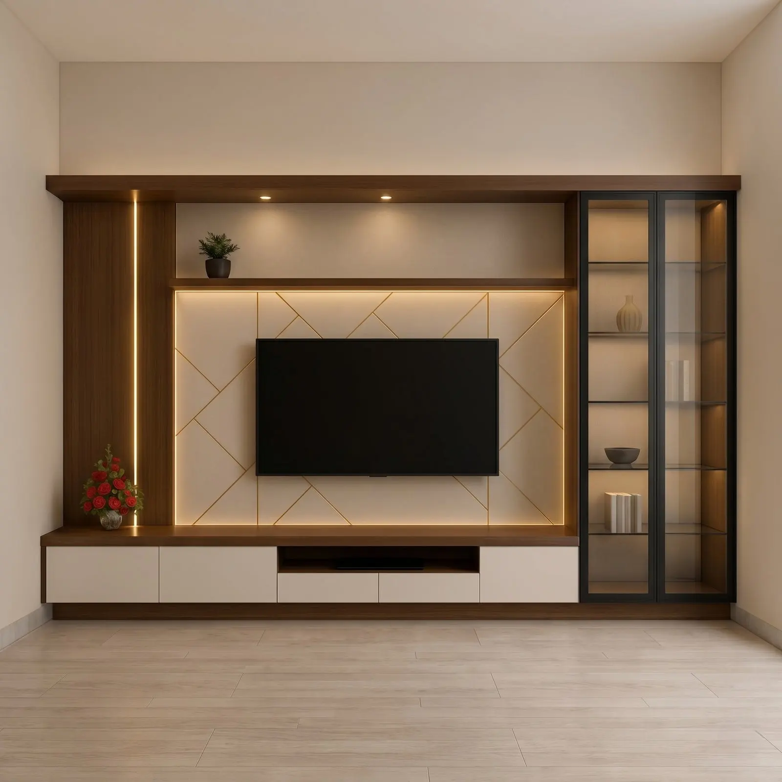 Walnut & White TV Wall Unit with Diamond Panel and Glass Display Cabinet