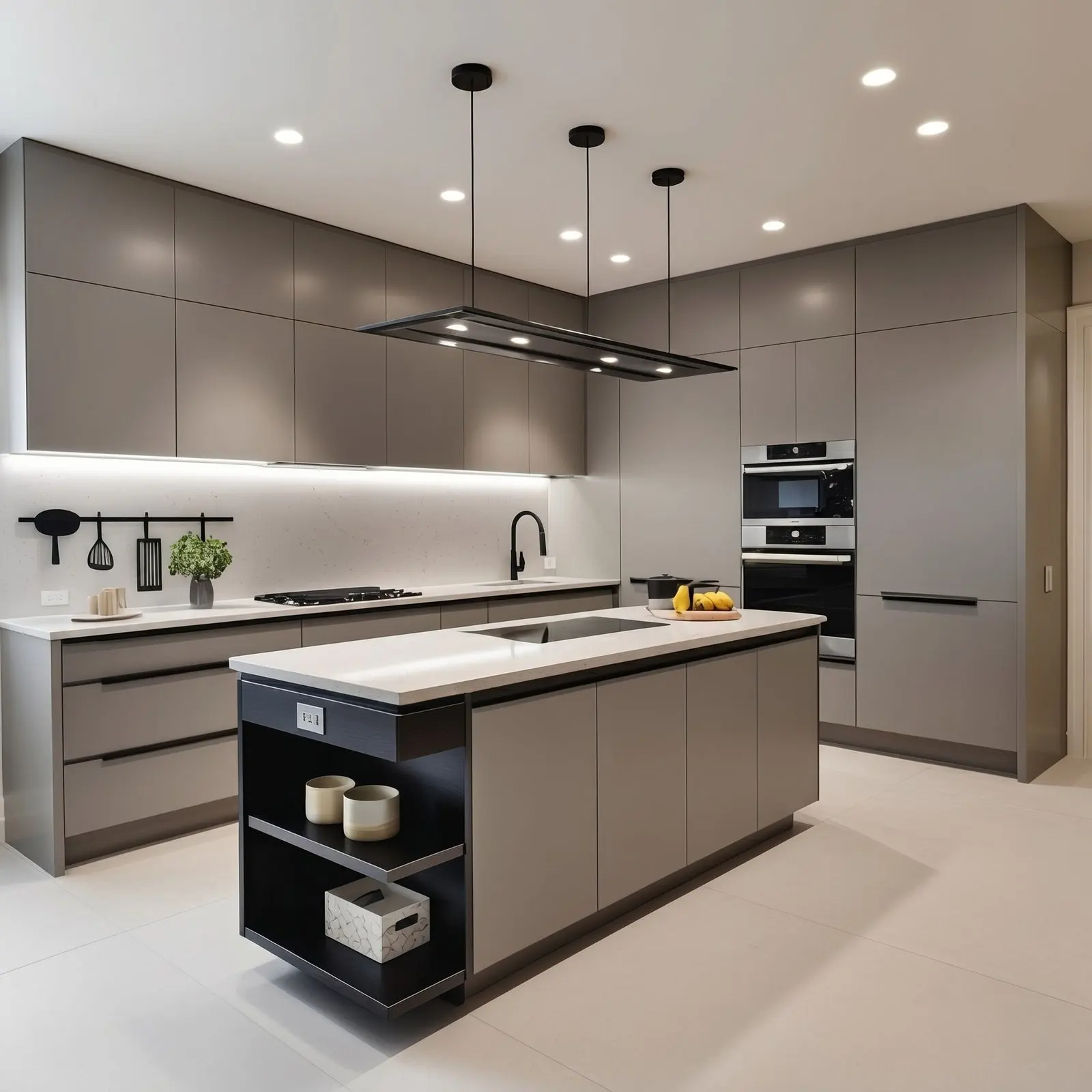 Warm Taupe Matte L-Shaped Modular Kitchen with Central Island, Ceiling-Flush Extractor, Black Open Shelf End and Integrated Appliance Tower
