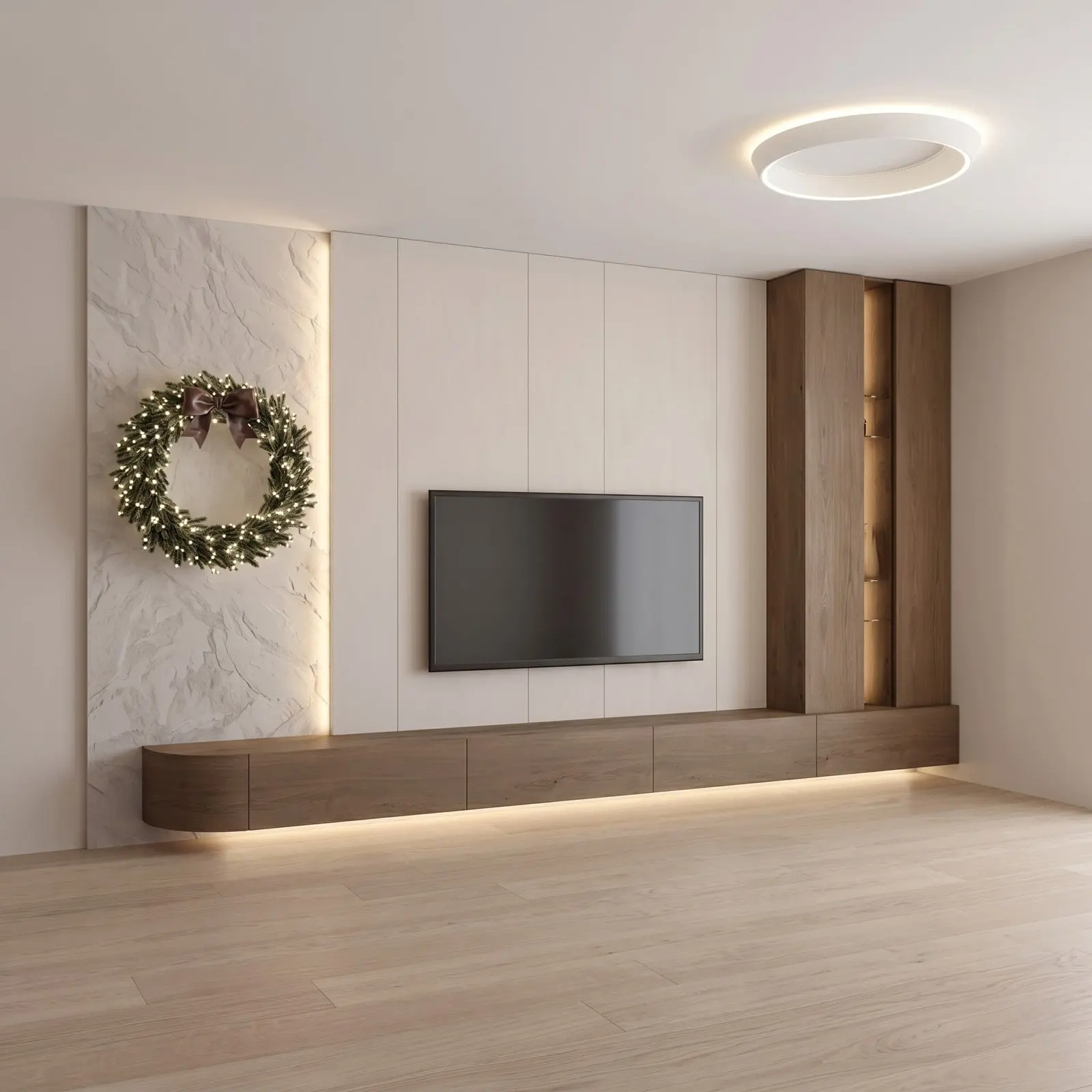 White Marble & Walnut Minimalist TV Wall Unit with Tall Display Tower and LED Base Lighting