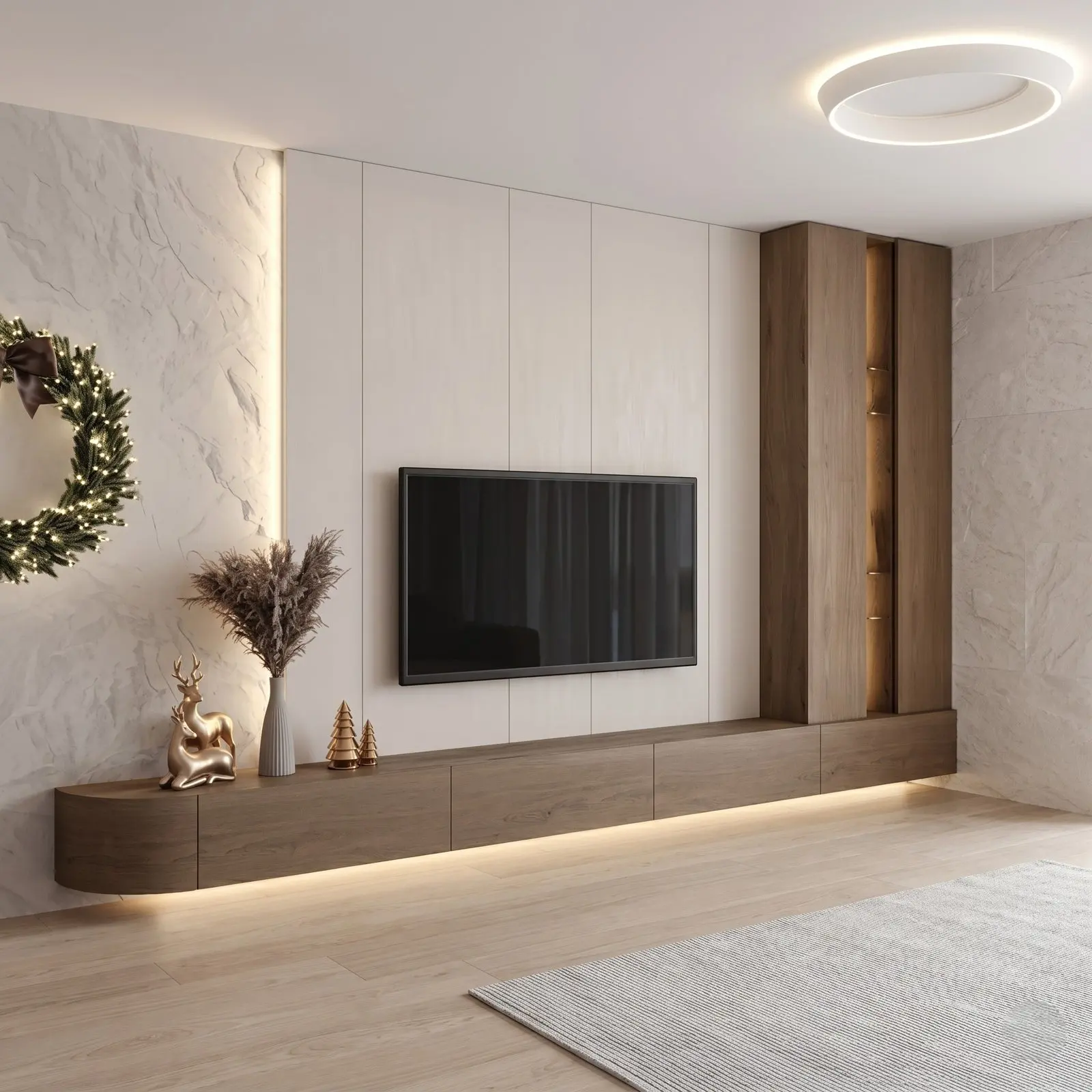White Marble & Walnut TV Wall Unit with Curved Floating Console, Tall Display Cabinet and LED Base Lighting
