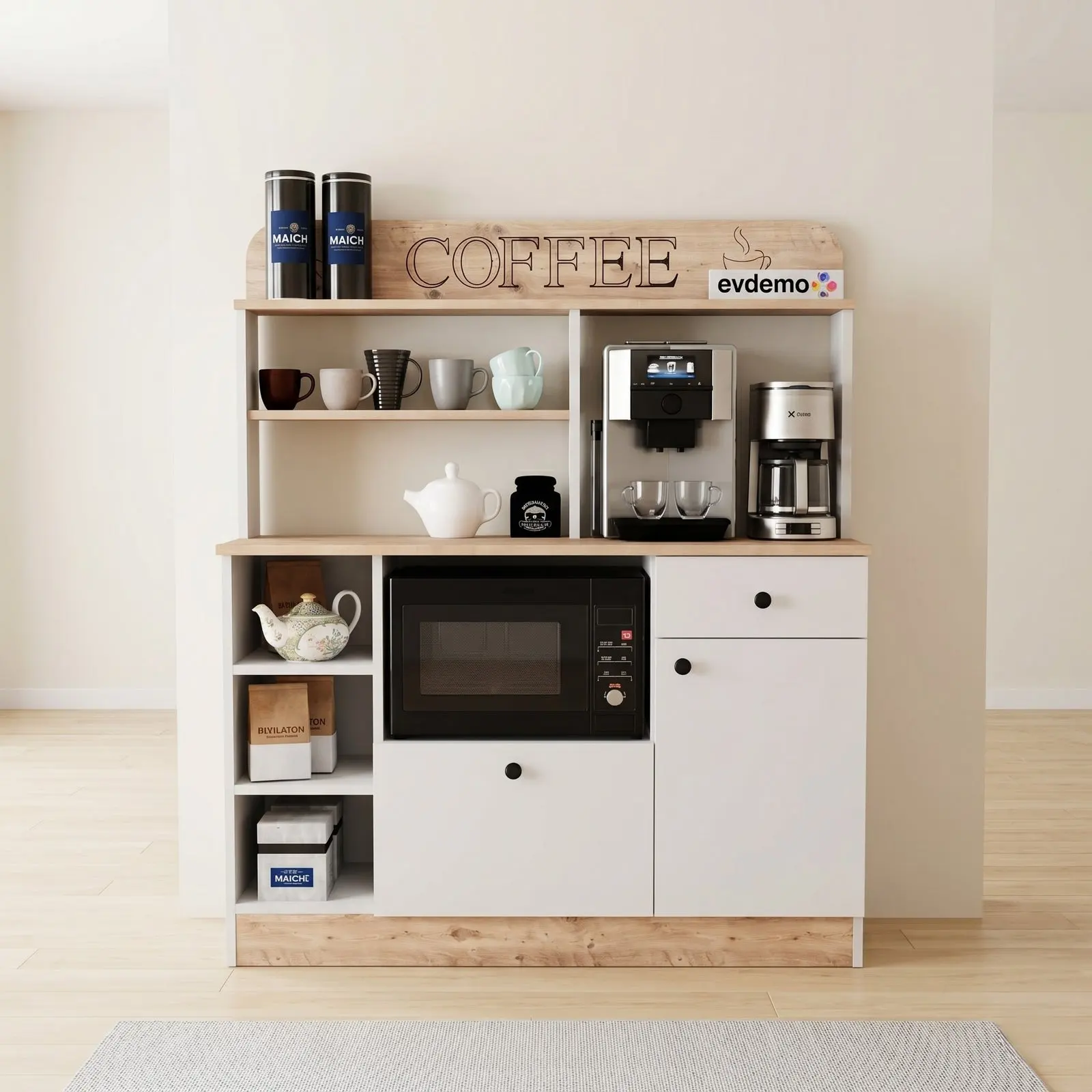 White & Oak Coffee Station Crockery Unit with Open Mug Shelves, Appliance Countertop, Microwave Cabinet, Open Side Niches and Concealed Storage